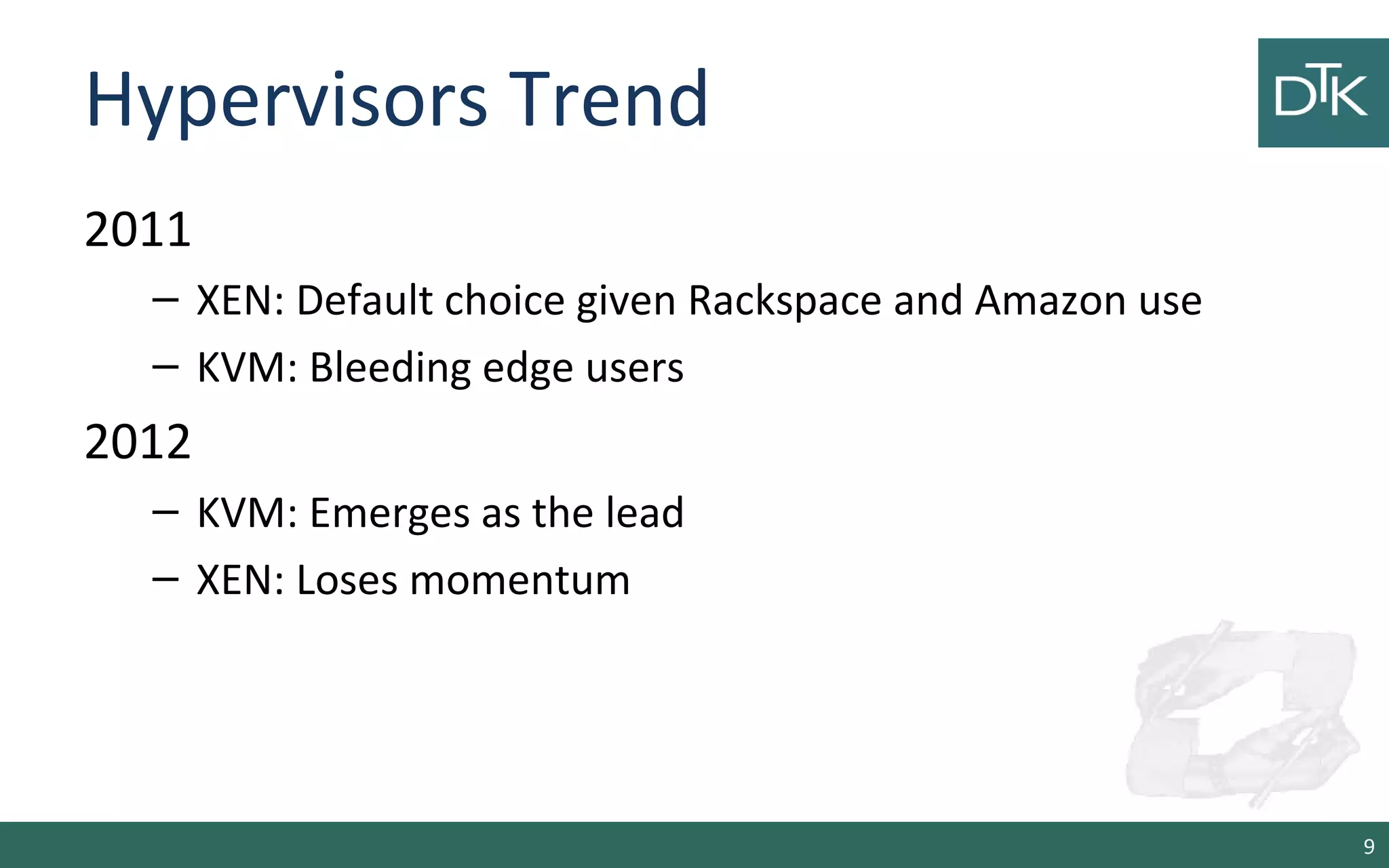 Hypervisors Trend 
2011 
– XEN: Default choice given Rackspace and Amazon use 
– KVM: Bleeding edge users 
2012 
– KVM: Emerges as the lead 
– XEN: Loses momentum 
9 
 