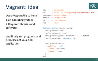 Vagrant: idea 
Use a VagrantFile to install 
1.an operating system 
2.Required libraries and 
software 
and finally run pr...