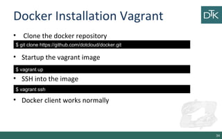 Docker Installation Vagrant 
• Clone the docker repository 
• Startup the vagrant image 
• SSH into the image 
• Docker cl...