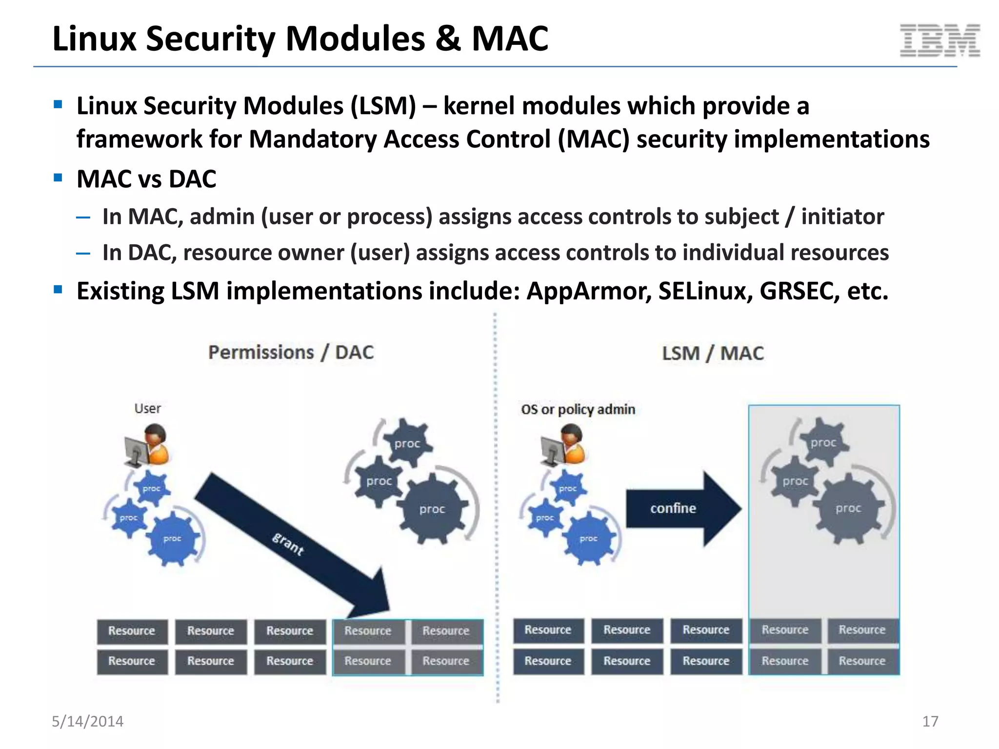 Linux Security Modules & MAC
 Linux Security Modules (LSM) – kernel modules which provide a
framework for Mandatory Access Control (MAC) security implementations
 MAC vs DAC
– In MAC, admin (user or process) assigns access controls to subject / initiator
– In DAC, resource owner (user) assigns access controls to individual resources
 Existing LSM implementations include: AppArmor, SELinux, GRSEC, etc.
5/14/2014 17
 