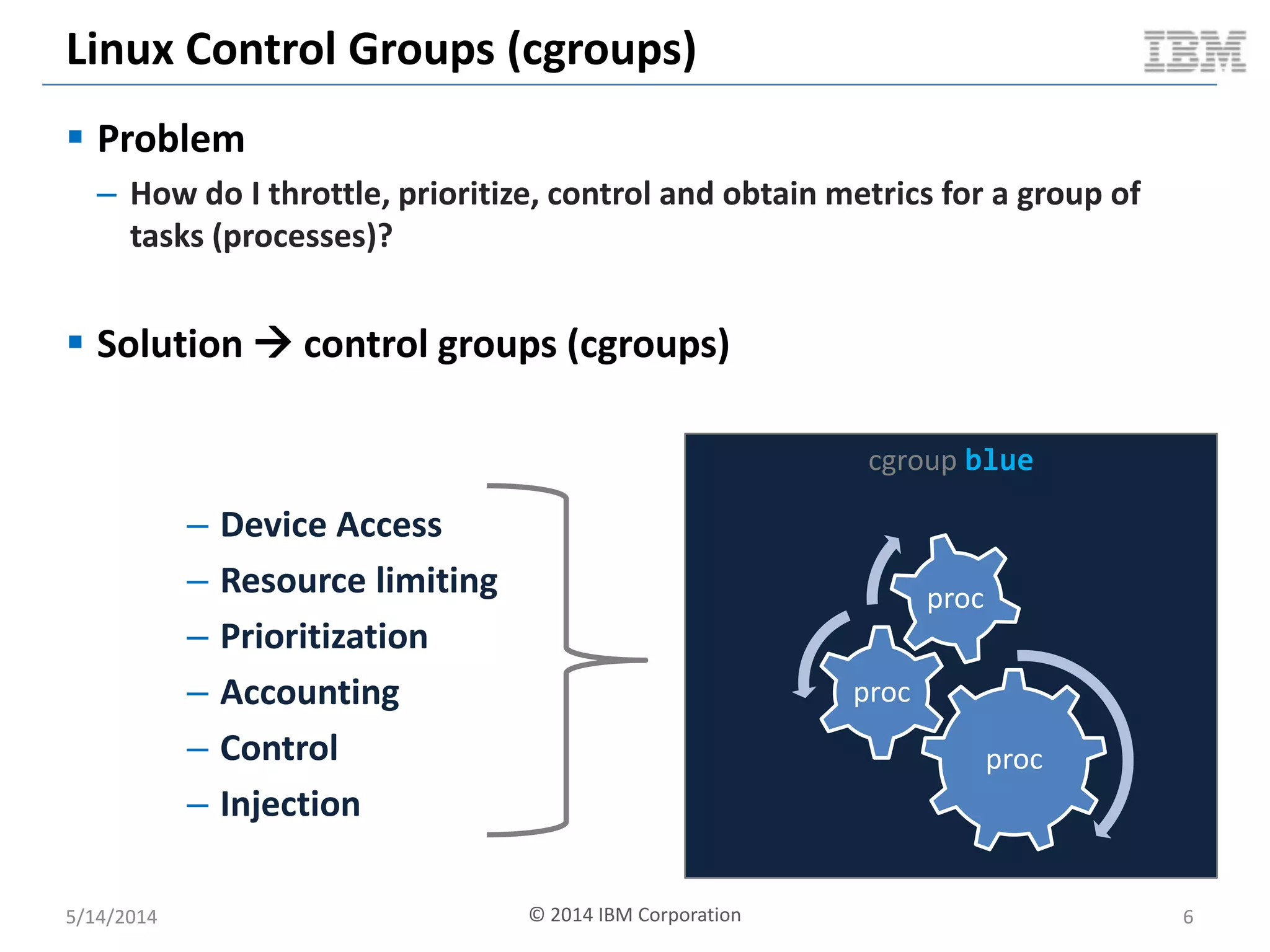 Linux Control Groups (cgroups)
 Problem
– How do I throttle, prioritize, control and obtain metrics for a group of
tasks (processes)?
 Solution  control groups (cgroups)
5/14/2014 © 2014 IBM Corporation 6
cgroup blue
proc
proc
proc
– Device Access
– Resource limiting
– Prioritization
– Accounting
– Control
– Injection
 