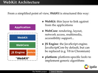 WebKit Architecture
From a simpliﬁed point of view, WebKit is structured this way:
WebKit: thin layer to link against
from the applications
WebCore: rendering, layout,
network access, multimedia,
accessibility support...
JS Engine: the JavaScript engine.
JavaScriptCore by default, but can
be replaced (e.g. V8 in Chromium)
platform: platform-speciﬁc hooks to
implement generic algorithms

The WebKit project

Juan J. Sánchez

 