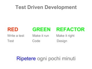 Test Driven Development RED  GREEN  REFACTOR Write a test  Make it run  Make it right  Test  Code  Design Ripetere  ogni pochi minuti 
