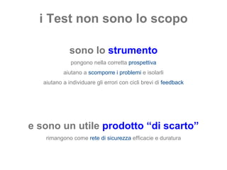 i Test non sono lo scopo sono lo  strumento pongono nella corretta  prospettiva aiutano a  scomporre i problemi  e isolarli aiutano a individuare gli errori con cicli brevi di  feedback e sono un utile  prodotto “di scarto” rimangono come  rete di sicurezza  efficacie e duratura 