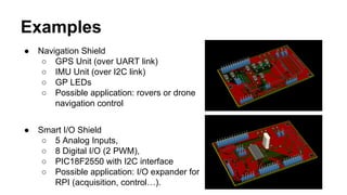 Examples 
● Navigation Shield 
○ GPS Unit (over UART link) 
○ IMU Unit (over I2C link) 
○ GP LEDs 
○ Possible application: rovers or drone 
navigation control 
● Smart I/O Shield 
○ 5 Analog Inputs, 
○ 8 Digital I/O (2 PWM), 
○ PIC18F2550 with I2C interface 
○ Possible application: I/O expander for 
RPI (acquisition, control…). 
 