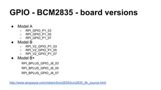 GPIO - BCM2835 - board versions 
● Model A 
○ RPI_GPIO_P1_03 
○ RPI_GPIO_P1_05 
○ RPI_GPIO_P1_07 
● Model B 
○ RPI_V2_GPIO_P1_03 
○ RPI_V2_GPIO_P1_05 
○ RPI_V2_GPIO_P1_07 
● Model B+ 
RPI_BPLUS_GPIO_J8_03 
RPI_BPLUS_GPIO_J8_05 
RPI_BPLUS_GPIO_J8_07 
http://www.airspayce.com/mikem/bcm2835/bcm2835_8h_source.html 
 