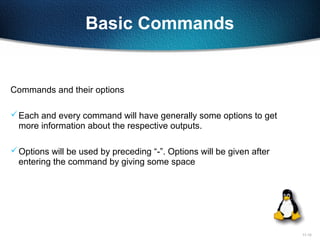 11-12
Commands and their options
Each and every command will have generally some options to get
more information about the respective outputs.
Options will be used by preceding “-”. Options will be given after
entering the command by giving some space
Basic Commands
 