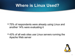 11-5
Where is Linux Used?
 75% of respondents were already using Linux and
another 14% were evaluating it
 43% of all web sites use Linux servers running the
Apache Web server
 