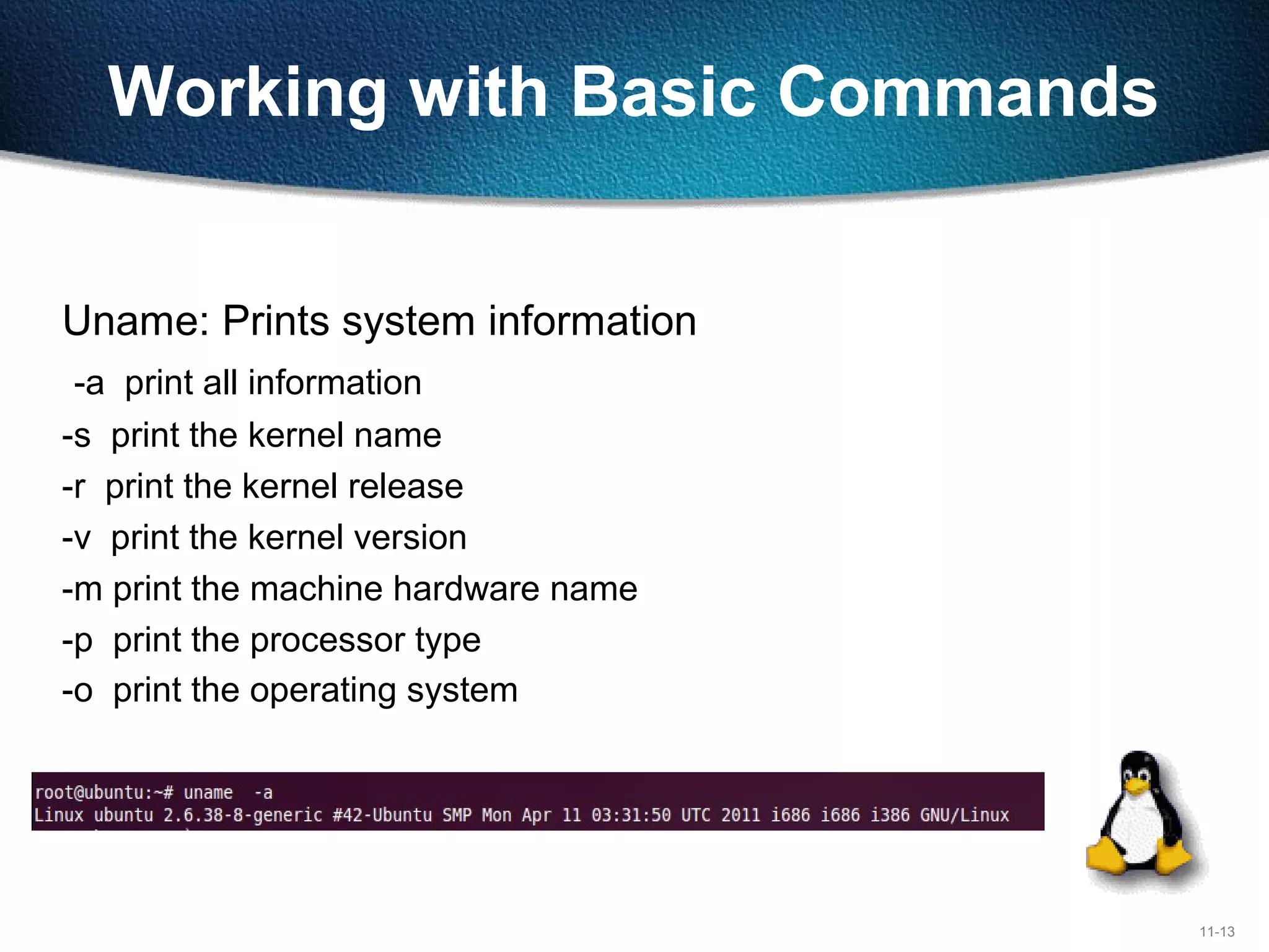11-13
Working with Basic Commands
Uname: Prints system information
-a print all information
-s print the kernel name
-r print the kernel release
-v print the kernel version
-m print the machine hardware name
-p print the processor type
-o print the operating system
 