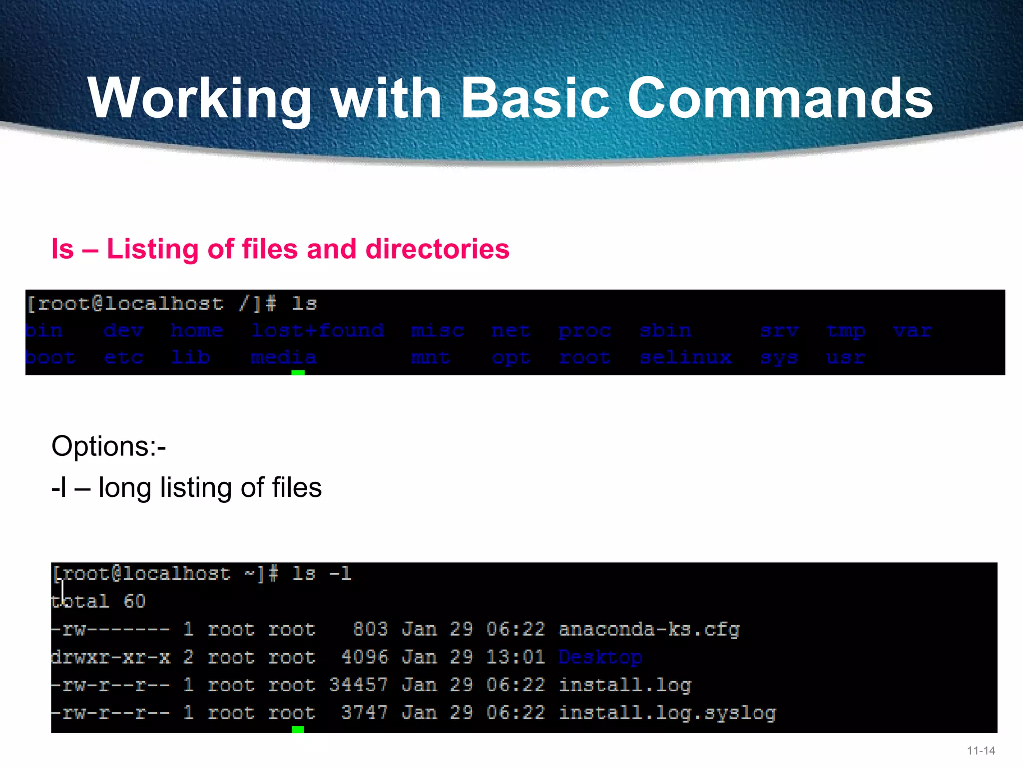 11-14
Working with Basic Commands
ls – Listing of files and directories
Options:-
-l – long listing of files
 