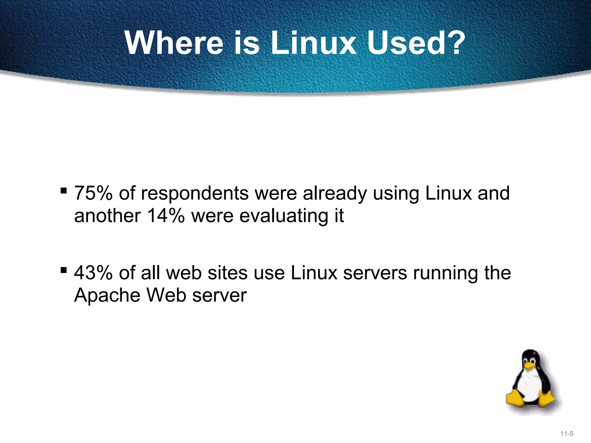 11-5
Where is Linux Used?
 75% of respondents were already using Linux and
another 14% were evaluating it
 43% of all web sites use Linux servers running the
Apache Web server
 