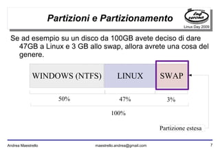 7Andrea Maestrello maestrello.andrea@gmail.com
Linux Day 2009
Partizioni e Partizionamento
Se ad esempio su un disco da 100GB avete deciso di dare
47GB a Linux e 3 GB allo swap, allora avrete una cosa del
genere.
WINDOWS (NTFS)
100%
LINUX SWAP
50% 47% 3%
Partizione estesa
 
