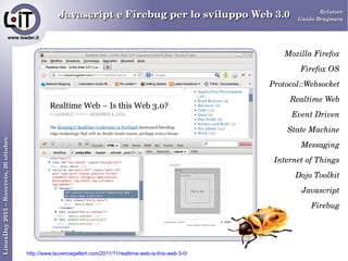 Javascript e Firebug per lo sviluppo Web 3.0

Relatore
Guido Brugnara

Mozilla Firefox
Firefox OS
Protocol::Websocket
Realtime Web
Event Driven
LinuxDay 2013 – Rovereto, 26 ottobre

State Machine
Messaging
Internet of Things
Dojo Toolkit
Javascript
Firebug

http://www.laurencegellert.com/2011/11/realtime-web-is-this-web-3-0/

 