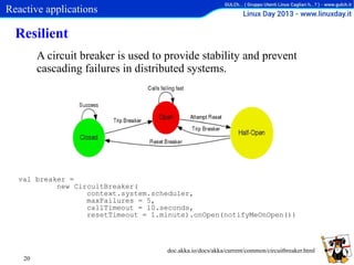 Reactive applications

Resilient
A circuit breaker is used to provide stability and prevent
cascading failures in distributed systems.

val breaker =
new CircuitBreaker(
context.system.scheduler,
maxFailures = 5,
callTimeout = 10.seconds,
resetTimeout = 1.minute).onOpen(notifyMeOnOpen())

doc.akka.io/docs/akka/current/common/circuitbreaker.html
20

 