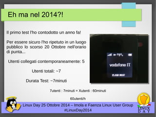 Eh ma nel 2014?! 
Il primo test l'ho contodotto un anno fa! 
Per essere sicuro l'ho ripetuto in un luogo 
pubblico lo scorso 20 Ottobre nell'orario 
di punta... 
Utenti collegati contemporaneamente: 5 
Linux Day 25 Ottobre 2014 – Imola e Faenza Linux User Group 
#LinuxDay2014 
Utenti totali: ~7 
Durata Test: ~7minuti 
7utenti : 7minuti = Xutenti : 60minuti 
60utenti/h 
 