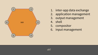 uh? 
1 2 
6 MIR 
3 
5 4 
1. inter-app data exchange 
2. application management 
3. output management 
4. shell 
5. compositor 
6. input management 
 