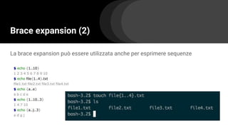 Brace expansion (2)
La brace expansion può essere utilizzata anche per esprimere sequenze
$ echo {1..10}
1 2 3 4 5 6 7 8 9 10
$ echo file{1..4}.txt
file1.txt file2.txt file3.txt file4.txt
$ echo {a..e}
a b c d e
$ echo {1..10..3}
1 4 7 10
$ echo {a..j..3}
a d g j
 