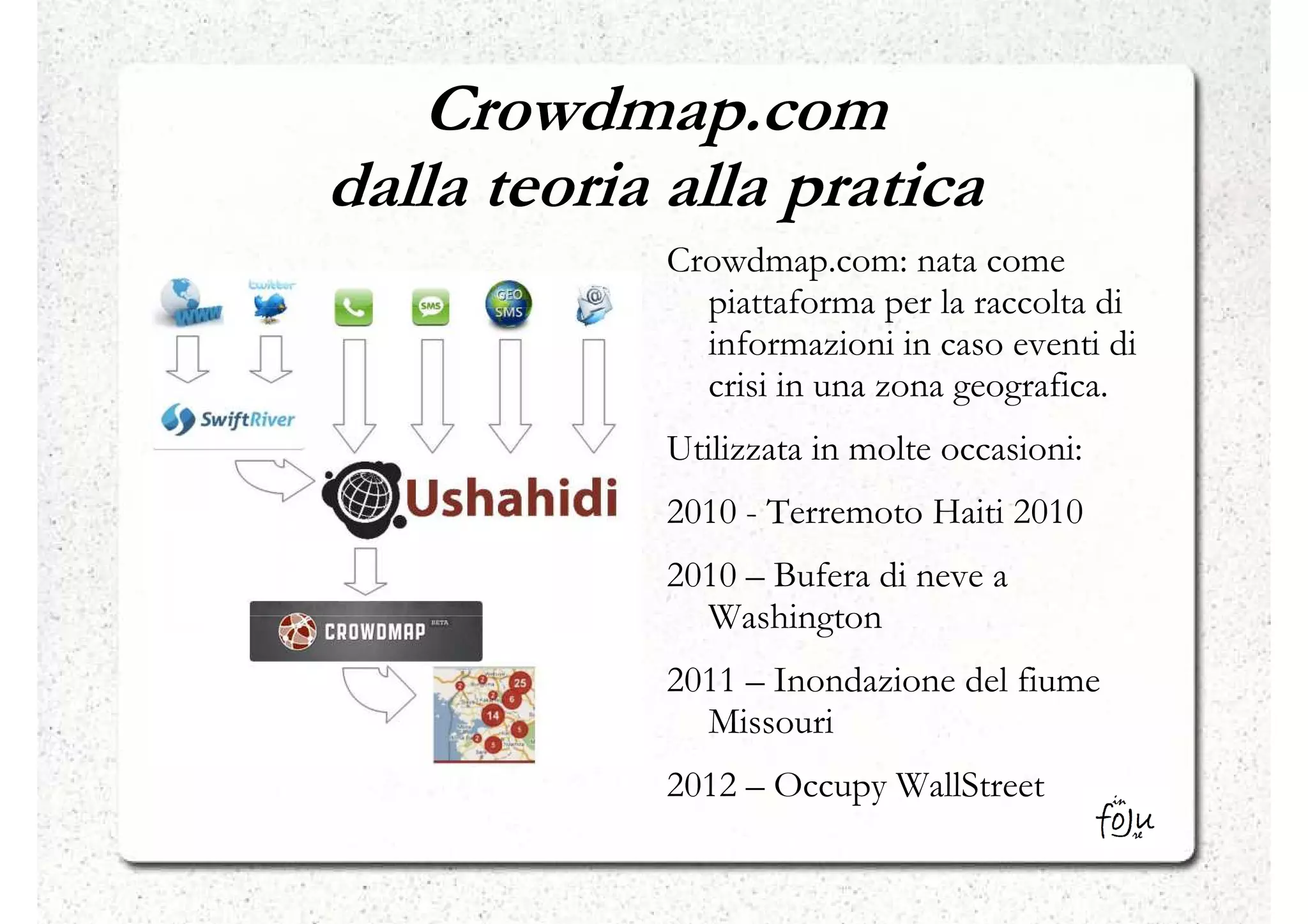 Crowdmap.com
dalla teoria alla pratica
            Crowdmap.com: nata come
              piattaforma per la raccolta di
              informazioni in caso eventi di
              crisi in una zona geografica.
            Utilizzata in molte occasioni:
            2010 - Terremoto Haiti 2010
            2010 – Bufera di neve a
              Washington
            2011 – Inondazione del fiume
              Missouri
            2012 – Occupy WallStreet
 