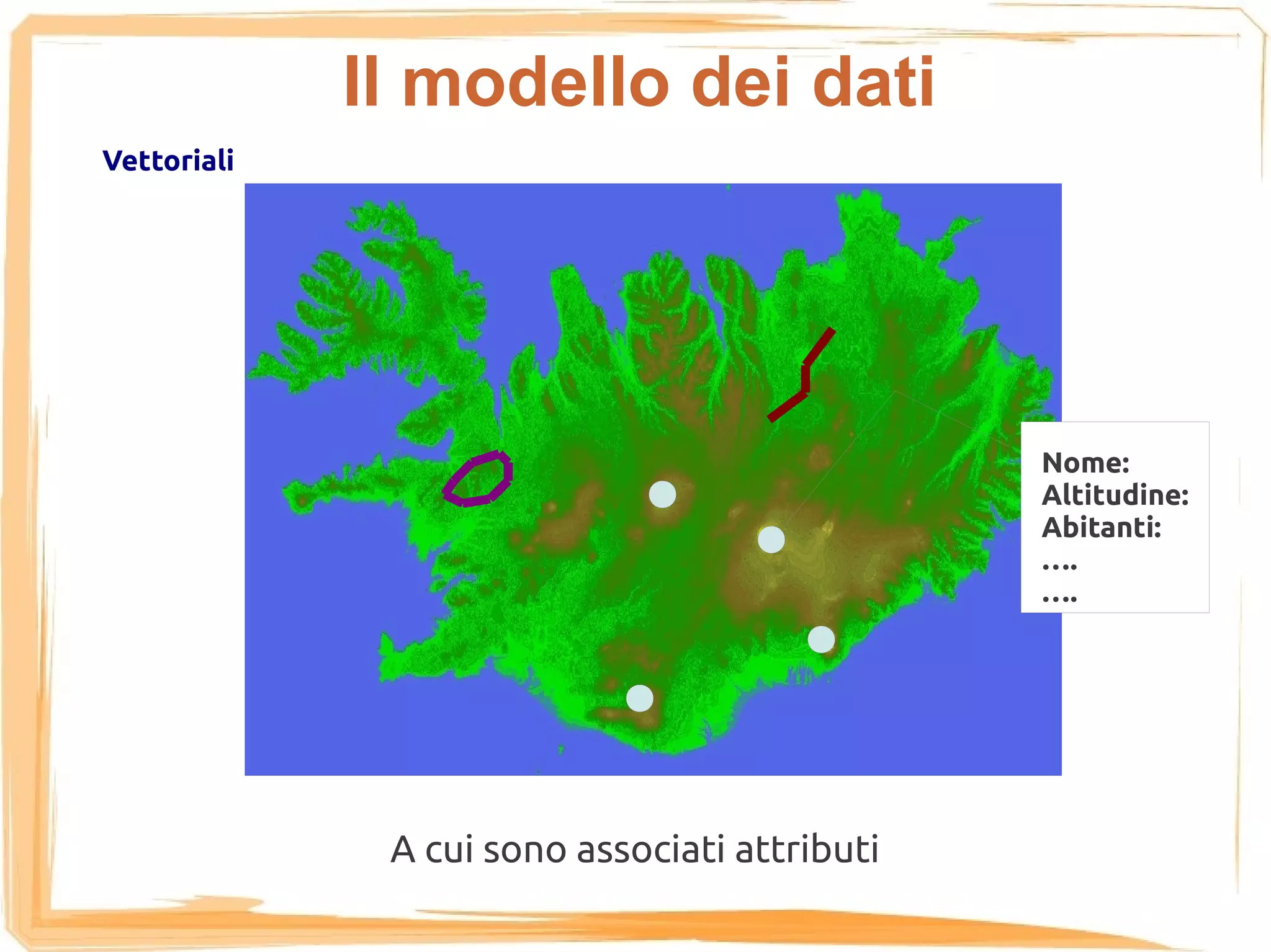 Il modello dei dati
Vettoriali




                                               Nome:
                                               Altitudine:
                                               Abitanti:
                                               ….
                                               ….




              A cui sono associati attributi
 