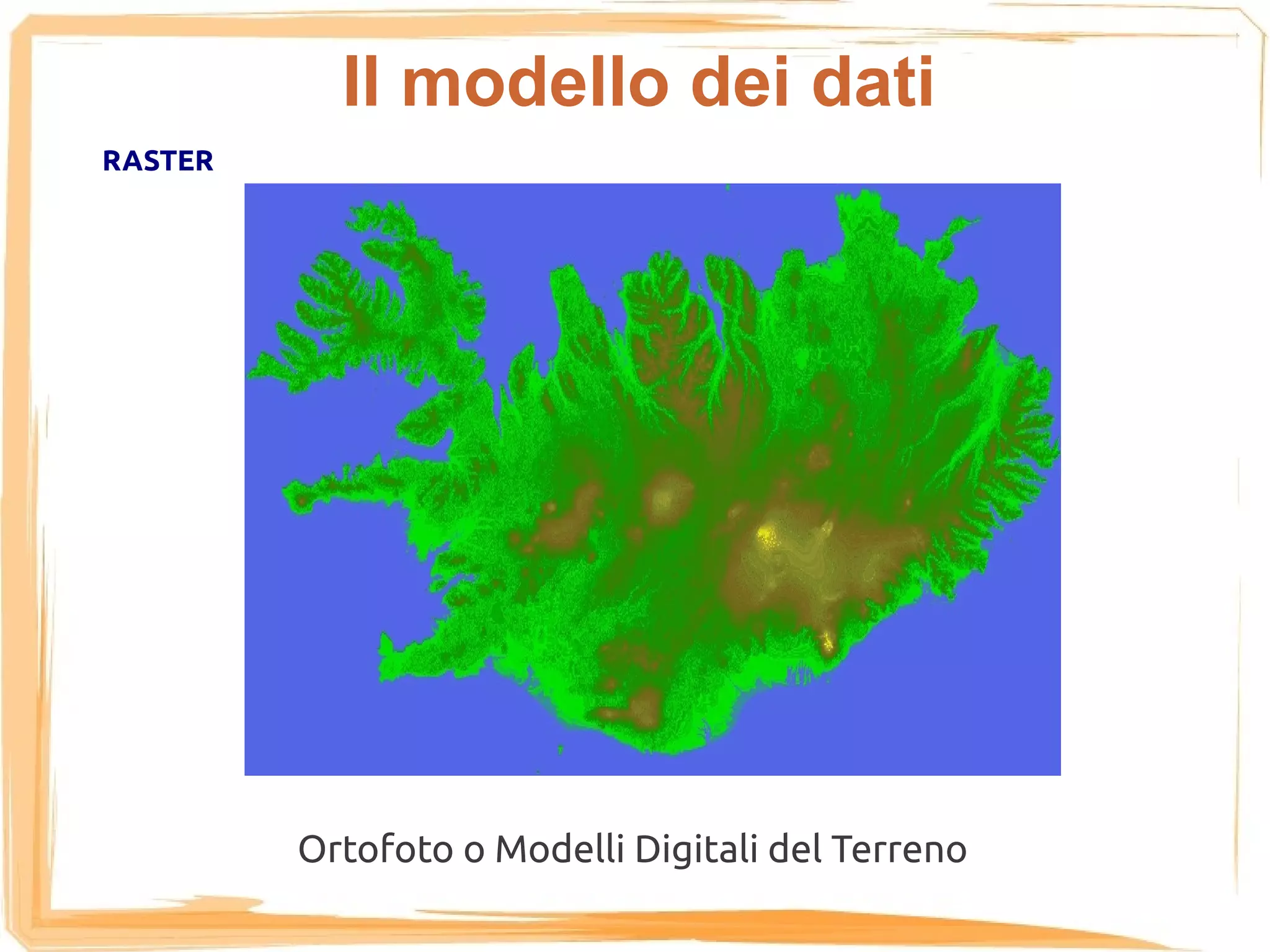 Il modello dei dati
RASTER




         Ortofoto o Modelli Digitali del Terreno
 