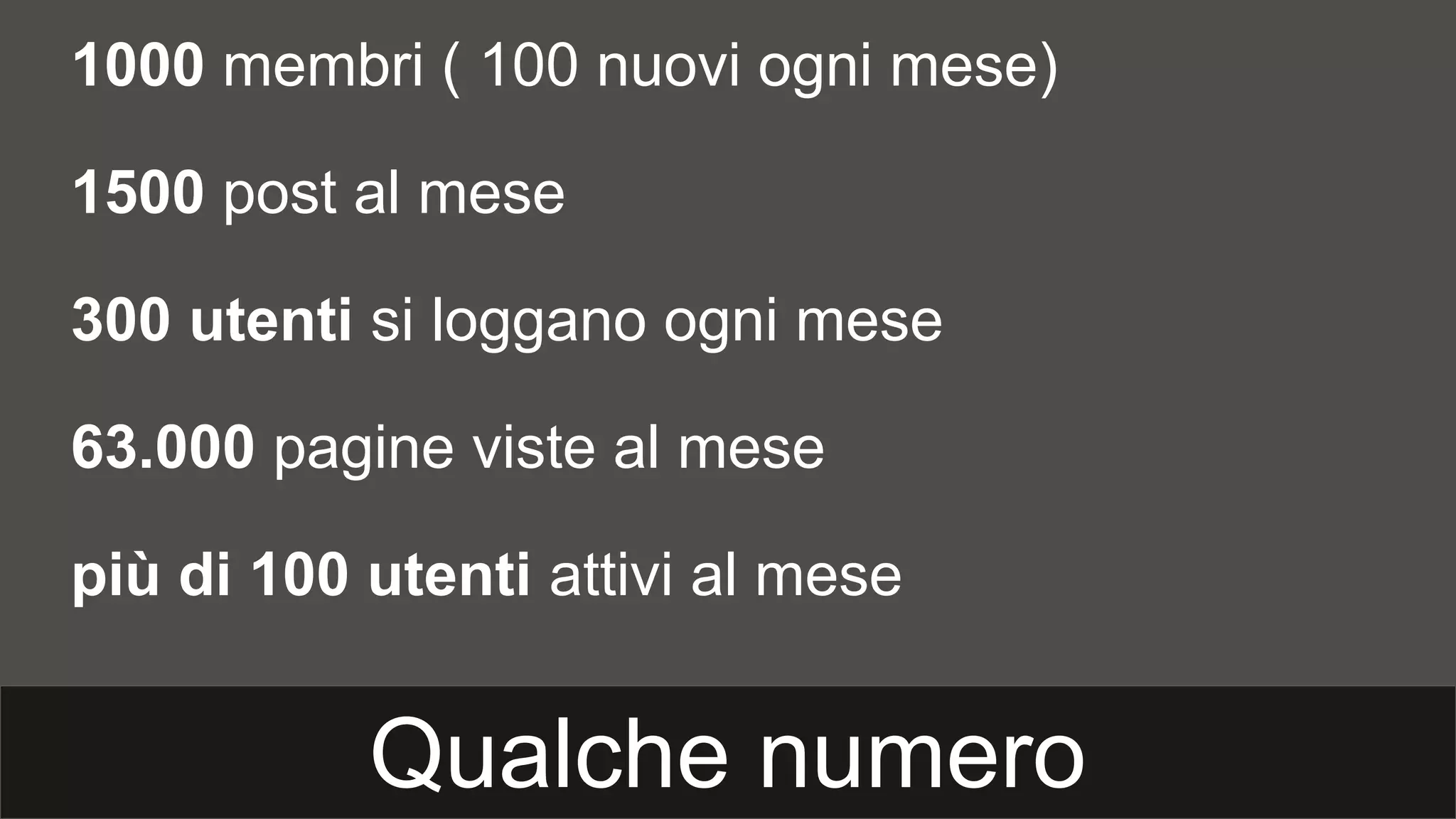 Qualche numero
1000 membri ( 100 nuovi ogni mese)
1500 post al mese
300 utenti si loggano ogni mese
63.000 pagine viste al mese
più di 100 utenti attivi al mese
 