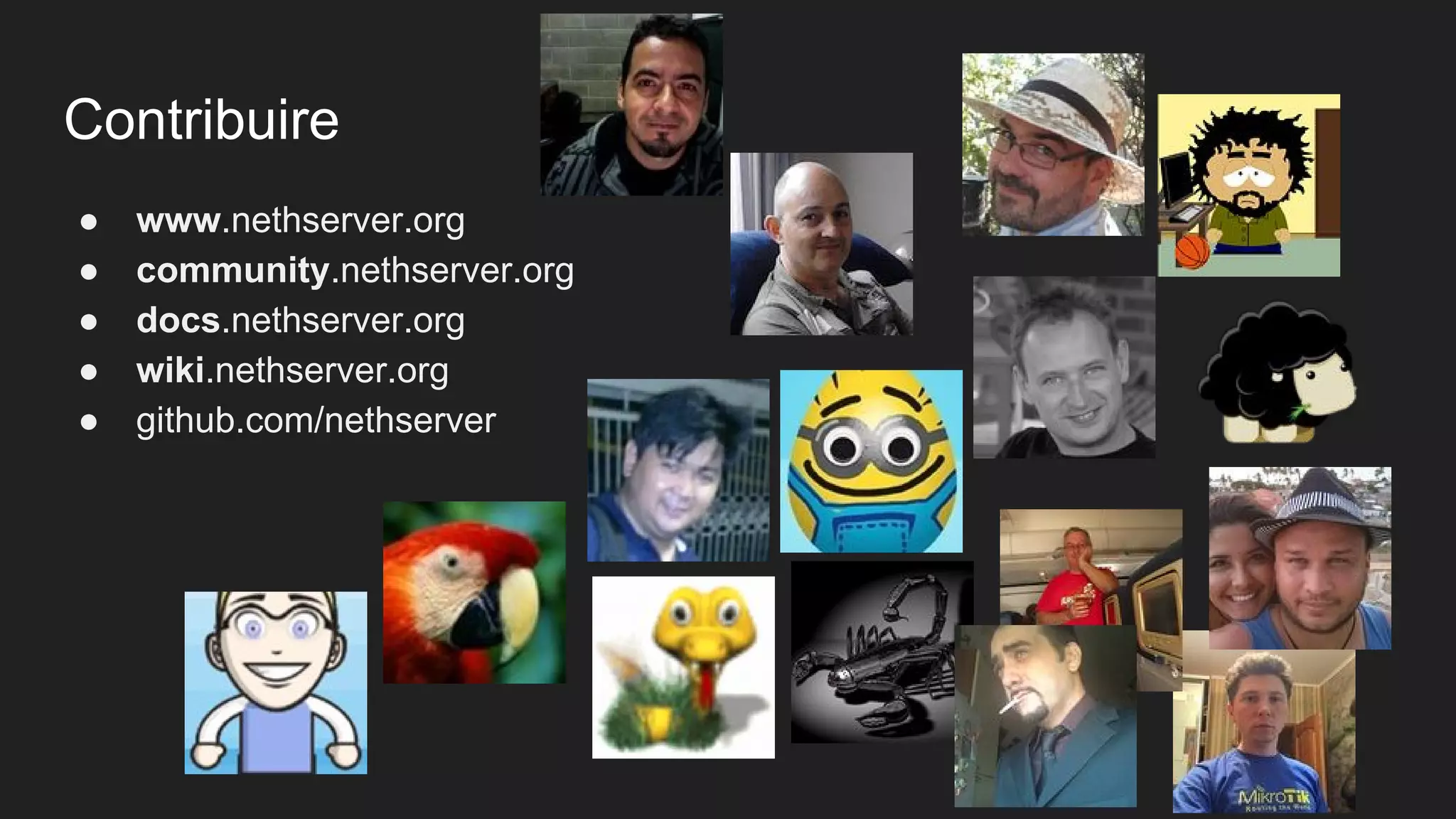 Contribuire
● www.nethserver.org
● community.nethserver.org
● docs.nethserver.org
● wiki.nethserver.org
● github.com/nethserver
 