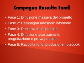 Campagna Raccolta Fondi
● Fase 1: Diffusione massiva del progetto
● Fase 2: Campagna adesione informale
● Fase 3: Raccolta fondi prototipi
● Fase 4: Diffusione avanzamento
progettazione e prova prototipi
● Fase 5: Raccolta fondi produzione notebook
 