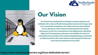 Our vision for Linux Dedicated Server hosting is to empower businesses and
individuals with a robust and flexible hosting solution that meets their unique needs.
We are committed to providing top-tier, reliable, and secure Linux Dedicated
Servers, allowing our clients to harness the full potential of their hosting
environment. We aim to be a trusted partner in their digital journey, offering the
highest level of customization, performance, and scalability. Our vision is to
continually innovate and adapt to the evolving technology landscape, ensuring that
our clients stay ahead in their online endeavors while enjoying the freedom and
control that Linux Dedicated Servers provide.
Our Vision
https://www.netherlandsservers.org/linux-dedicated-server/
 