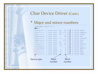 Char Device Driver (Cont.)
• Major and minor numbers
[kenny@mv dev]$ ls -l
總計 0
crw-rw---- 1 root root 14, 12 12 月 5 20:59 adsp
crw------- 1 root root 10, 175 12 月 5 20:59 agpgart
crw------- 1 root root 14, 4 12 月 5 20:59 audio
drwxr-xr-x 3 root root 60 12 月 5 20:59 bus
crw------- 1 root root 5, 1 12 月 5 13:00 console
drwxr-xr-x 6 root root 120 12 月 5 20:59 disk
crw------- 1 root root 14, 3 12 月 5 20:59 dsp
crw-rw---- 1 root root 13, 64 12 月 5 20:59 event0
crw-rw-rw- 1 root root 1, 7 12 月 5 20:59 full
srwxrwxrwx 1 root root 0 12 月 5 13:00 gpmctl
brw-r----- 1 root disk 3, 0 12 月 5 20:59 hda
brw-r----- 1 root disk 3, 1 12 月 5 12:59 hda1
brw-r----- 1 root disk 3, 2 12 月 5 12:59 hda2
Device type Major
number
Minor
number
 