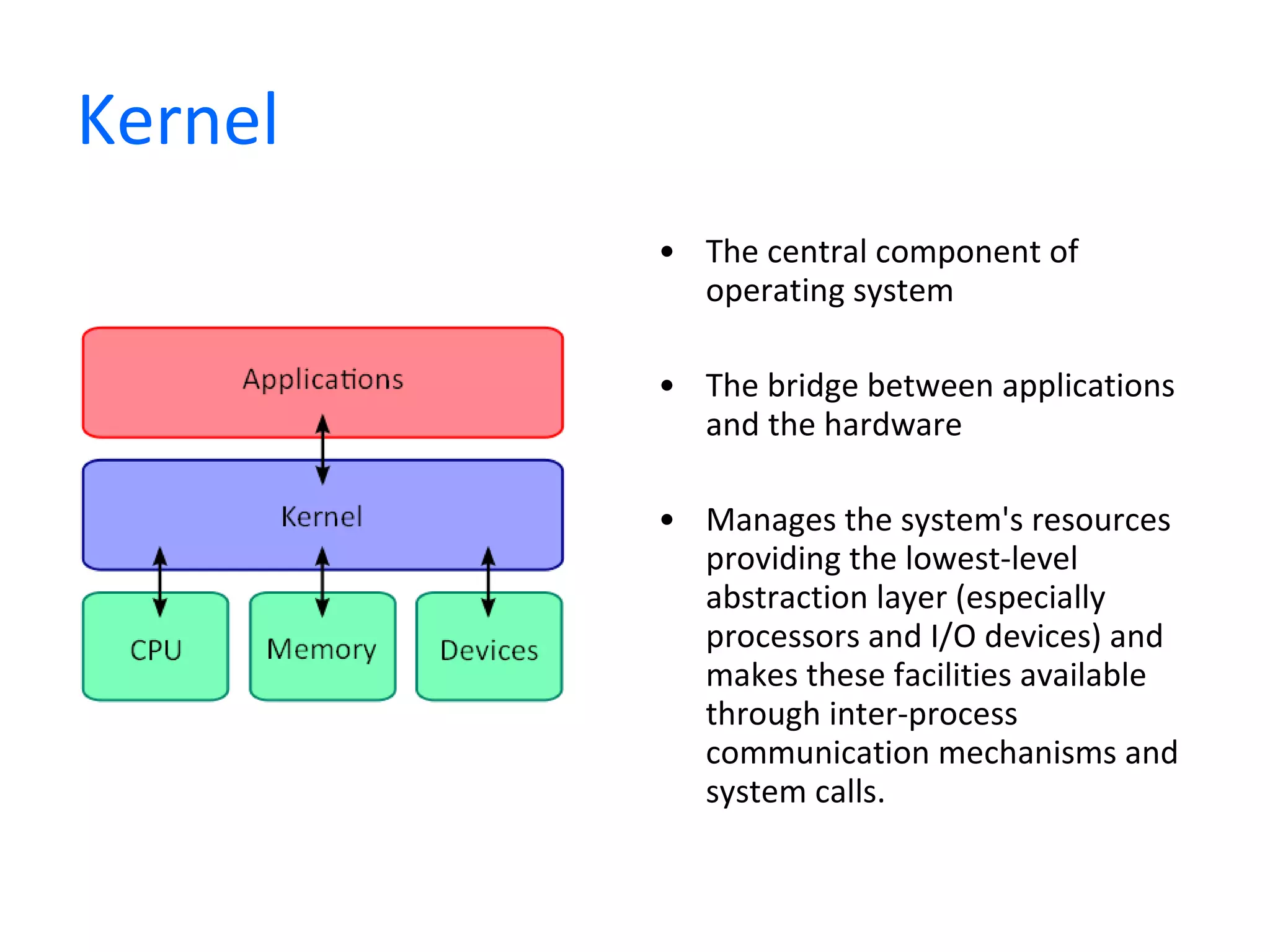 Kernel The central component of operating system The bridge between applications and the hardware Manages the system's resources providing the lowest-level abstraction layer (especially processors and I/O devices) and makes these facilities available through inter-process communication mechanisms and system calls. 