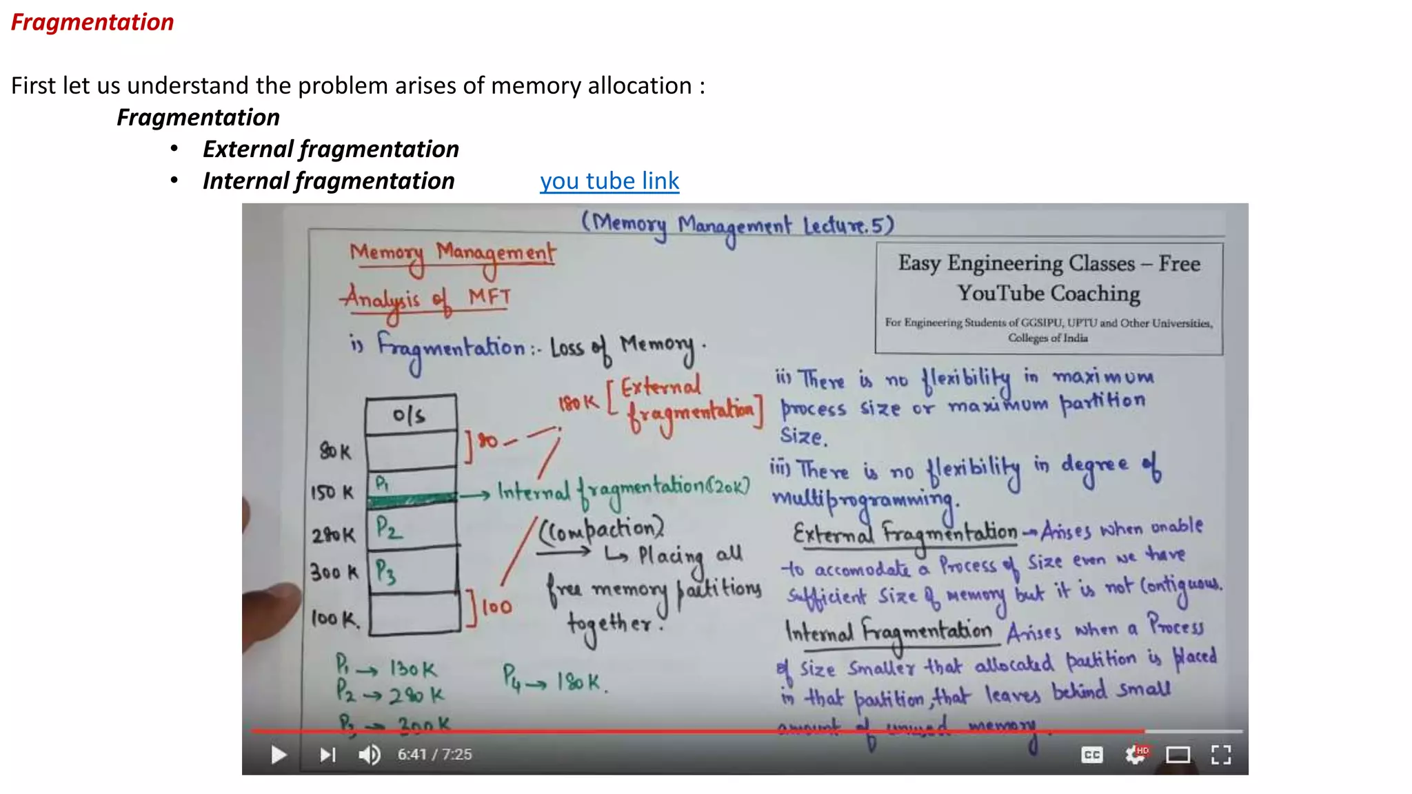 Fragmentation
First let us understand the problem arises of memory allocation :
Fragmentation
• External fragmentation
• Internal fragmentation you tube link
 