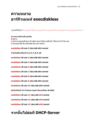 Linux Diskless Command line - 72



ความหมาย
อาร์กิวเมนท์ execdiskless



ความหมายก็ตายตัวเลยครับ
ตัวอย่าง
ภายในจานวณคอมทั้งหมด 20 เครื่อง ต้องการใช้งานเครื่องที่ 3 ชื่อนาหน้า PC คือ com
ตาแหน่งบูต disk คือ /dev/sdb เป็น user ธรรมดา

exediskless 20 com 3 /dev/sdb eth1 normal

ถ้าต่อไปเป็นเครื่องที่ 4 ,5 ,6 ,7 ,8 ,9 ,10

exediskless 20 com 4 /dev/sdb eth1 normal

exediskless 20 com 5 /dev/sdb eth1 normal

exediskless 20 com 6 /dev/sdb eth1 normal

exediskless 20 com 7 /dev/sdb eth1 normal

exediskless 20 com 8 /dev/sdb eth1 normal

exediskless 20 com 9 /dev/sdb eth1 normal

exediskless 20 com 10 /dev/sdb eth1 normal

ต่อไปเครื่องที่ 11-13 ต้องการบูตการ์ดแลนที่สอง คือ eth2

exediskless 20 com 11 /dev/sdb eth2 normal

exediskless 20 com 12 /dev/sdb eth2 normal

exediskless 20 com 13 /dev/sdb eth2 normal




จากนั้นไปต่อที่ DHCP-Server
 