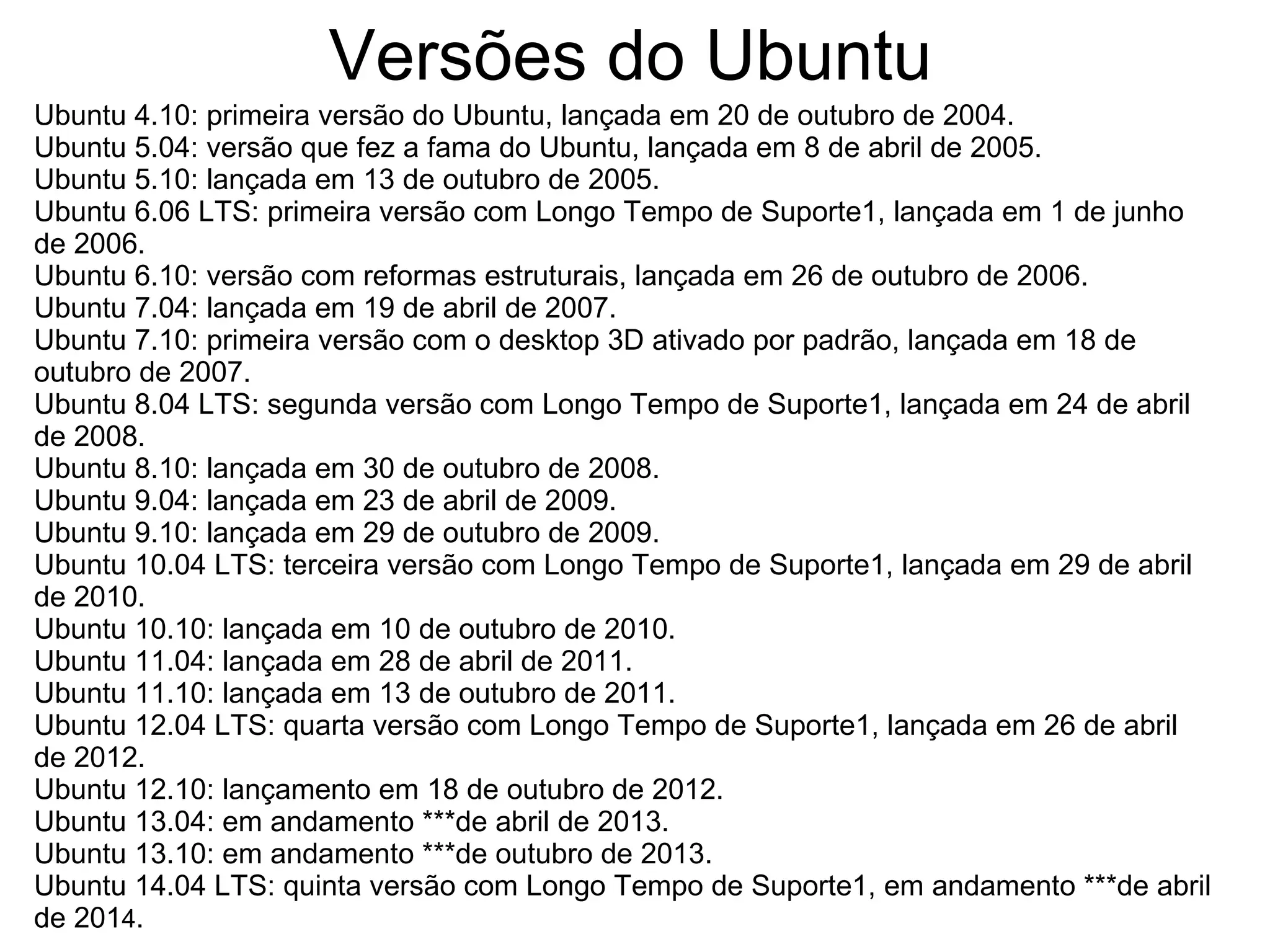 Versões do Ubuntu
Ubuntu 4.10: primeira versão do Ubuntu, lançada em 20 de outubro de 2004.
Ubuntu 5.04: versão que fez a fama do Ubuntu, lançada em 8 de abril de 2005.
Ubuntu 5.10: lançada em 13 de outubro de 2005.
Ubuntu 6.06 LTS: primeira versão com Longo Tempo de Suporte1, lançada em 1 de junho
de 2006.
Ubuntu 6.10: versão com reformas estruturais, lançada em 26 de outubro de 2006.
Ubuntu 7.04: lançada em 19 de abril de 2007.
Ubuntu 7.10: primeira versão com o desktop 3D ativado por padrão, lançada em 18 de
outubro de 2007.
Ubuntu 8.04 LTS: segunda versão com Longo Tempo de Suporte1, lançada em 24 de abril
de 2008.
Ubuntu 8.10: lançada em 30 de outubro de 2008.
Ubuntu 9.04: lançada em 23 de abril de 2009.
Ubuntu 9.10: lançada em 29 de outubro de 2009.
Ubuntu 10.04 LTS: terceira versão com Longo Tempo de Suporte1, lançada em 29 de abril
de 2010.
Ubuntu 10.10: lançada em 10 de outubro de 2010.
Ubuntu 11.04: lançada em 28 de abril de 2011.
Ubuntu 11.10: lançada em 13 de outubro de 2011.
Ubuntu 12.04 LTS: quarta versão com Longo Tempo de Suporte1, lançada em 26 de abril
de 2012.
Ubuntu 12.10: lançamento em 18 de outubro de 2012.
Ubuntu 13.04: em andamento ***de abril de 2013.
Ubuntu 13.10: em andamento ***de outubro de 2013.
Ubuntu 14.04 LTS: quinta versão com Longo Tempo de Suporte1, em andamento ***de abril
de 2014.
 
