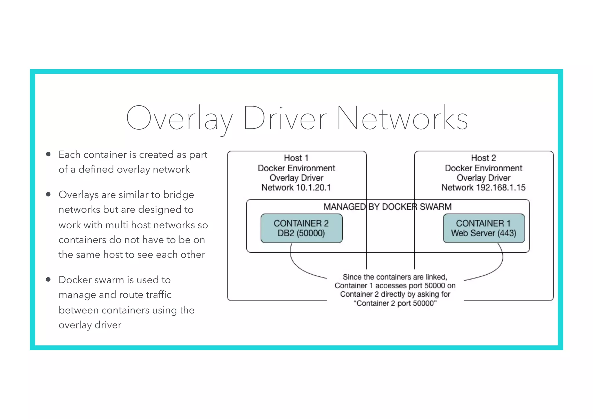 Overlay Driver Networks
• Each container is created as part
of a deﬁned overlay network
• Overlays are similar to bridge
networks but are designed to
work with multi host networks so
containers do not have to be on
the same host to see each other
• Docker swarm is used to
manage and route trafﬁc
between containers using the
overlay driver
 