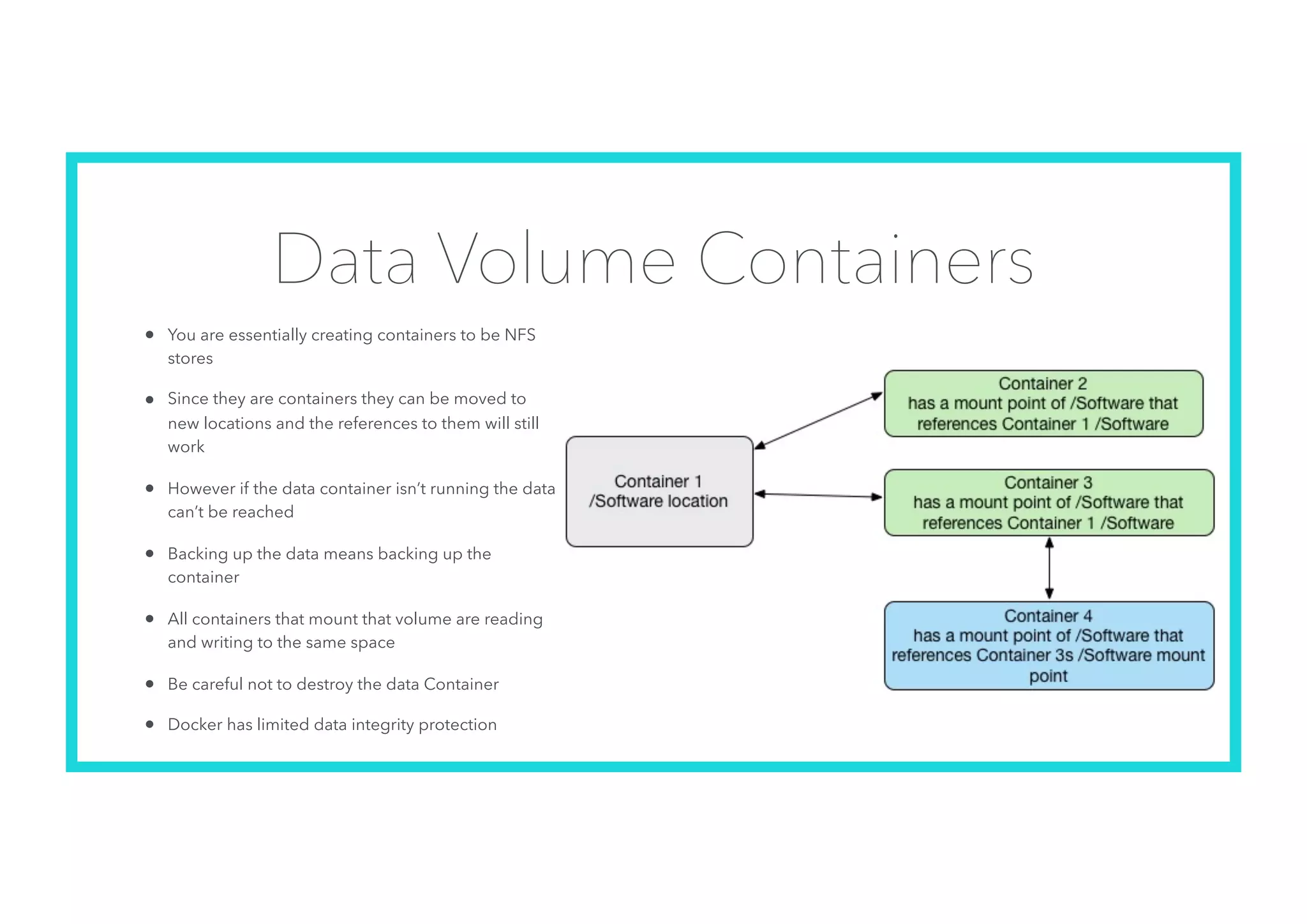 Data Volume Containers
• You are essentially creating containers to be NFS
stores
• Since they are containers they can be moved to
new locations and the references to them will still
work
• However if the data container isn’t running the data
can’t be reached
• Backing up the data means backing up the
container
• All containers that mount that volume are reading
and writing to the same space
• Be careful not to destroy the data Container
• Docker has limited data integrity protection
 