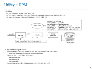 35
Utility - RPM
 RPM Build
(1) 지정 된 Directory 및 Spec 파일을 필요로 한다
(2) 소스 파일에는 makefile 까지 포함되어, Object type (Executable Object, Shared Object) 을 결정한다
(3) Binary RPM Package 와 Source RPM Package 두 가지 가 산출물 이다
 생성된 RPM Package 확인 방법
(1) Source RPM 파일을 임의의 directory 에 copy 후에 다음 command 를 통하여 해제한다
> rpm2cpio myPackage.src.rpm | cpio –i –-make-directories
(2) 아래 와 같이 3가지 내용물이 있어야 한다
myPackage.src.rpm
myPackage.tar.gz
myPackage.spec
(3) myPackage.tar.gz 을 풀어서 Package Build 시 사용된 파일 들을 확인한다
Spec File makefile RPM Package
(xxx.rpm)
Source Code
Package
Generator
rpmbuild make
< Directory for RPM Build >
/usr/xxx/SPECS ; spec file
/usr/xxx/SOURCES ; source code files
/usr/xxx/RPMS ; Binary Package output
/usr/xxx/BUILD ; Package 에 포함될 파일 및 Directory
/usr/xxx/SRPM ; Source Package output (src.rpm)
Build 시 spec file 을 참고하여 compile 한다 SRPM Package
(xxx.src.rpm)
 