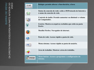 Relógio: permite alterar o fuso-horário, a hora


Status da conexão de rede: exibe o IP(Protocolo de Internt) e
o nome da conexão de rede.

Controle de áudio: Permite aumentar ou diminuir o volume
do Computador.

Lixeira: Mostra os arquivos excluídos que estão na pasta
lixeira

Mozilla Firefox: Navegador de internet.


Pasta de rede: Acesso rápido a pasta de rede.


Menu sistema: Acesso rápido as pasta do usuário.


Área de trabalho: Mostrar a área de trabalho.


Menu Iniciar: Acesso a programas e configurações do
sistema.
 