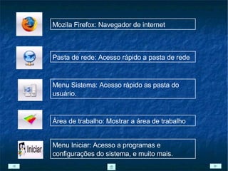 Mozila Firefox: Navegador de internet Pasta de rede: Acesso rápido a pasta de rede Menu Sistema: Acesso rápido as pasta do usuário. Área de trabalho: Mostrar a área de trabalho Menu Iniciar: Acesso a programas e configurações do sistema, e muito mais. 