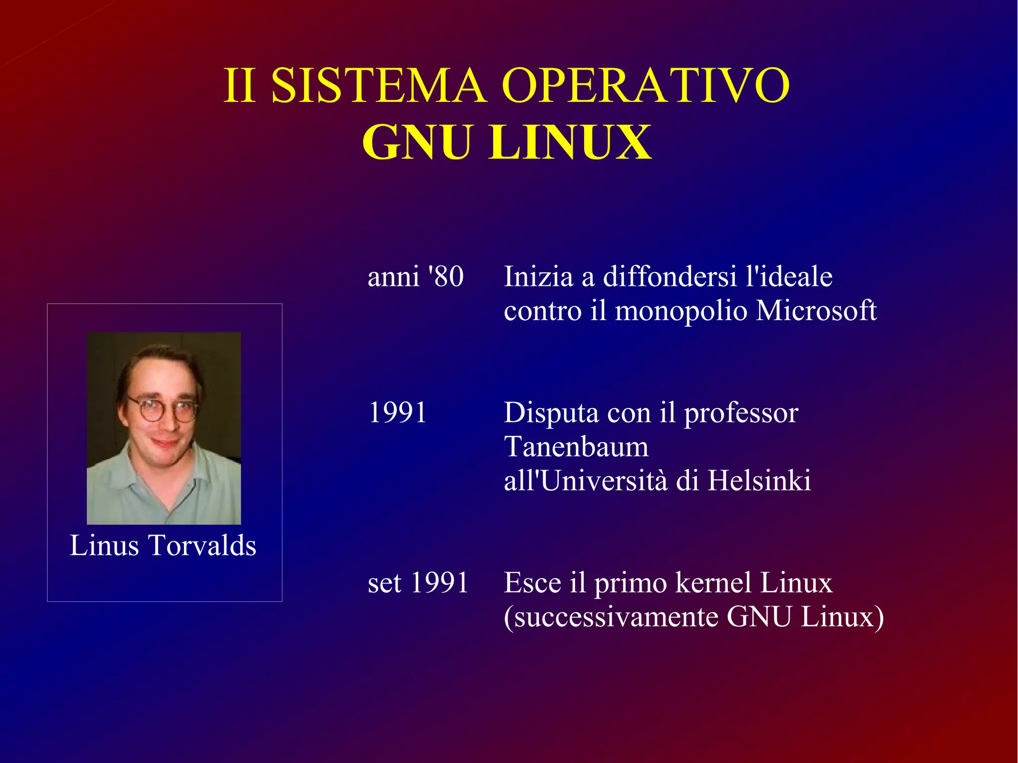II SISTEMA OPERATIVO
                  GNU LINUX

                 anni '80   Inizia a diffondersi l'ideale
                            contro il monopolio Microsoft


                 1991       Disputa con il professor
                            Tanenbaum
                            all'Università di Helsinki

Linus Torvalds
                 set 1991   Esce il primo kernel Linux
                            (successivamente GNU Linux)
 