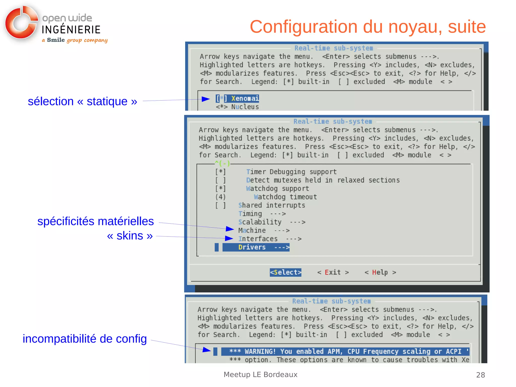 28Meetup LE Bordeaux
Configuration du noyau, suite
sélection « statique »
spécificités matérielles
« skins »
incompatibilité de config
 