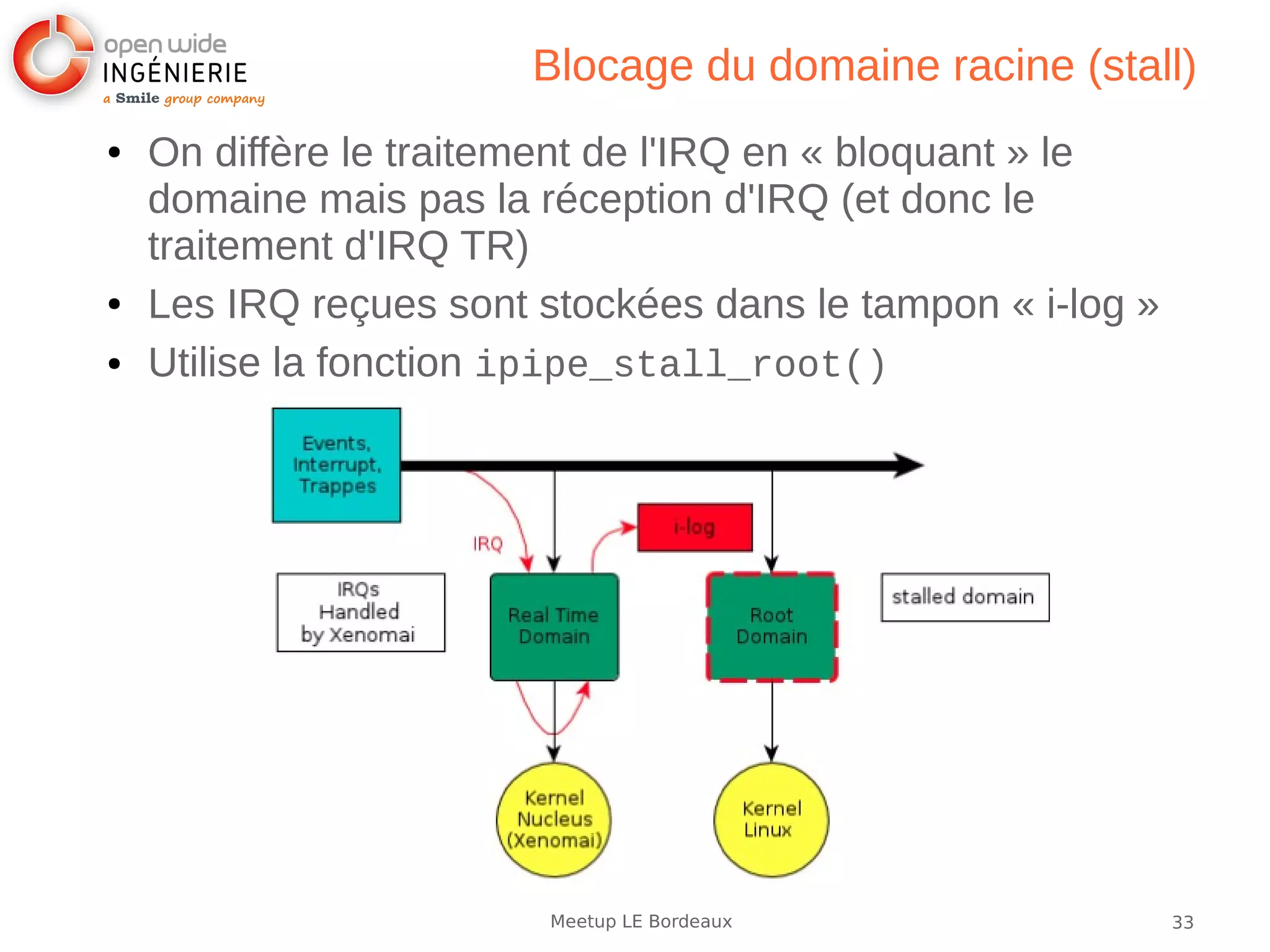 33Meetup LE Bordeaux
Blocage du domaine racine (stall)
● On diffère le traitement de l'IRQ en « bloquant » le
domaine mais pas la réception d'IRQ (et donc le
traitement d'IRQ TR)
● Les IRQ reçues sont stockées dans le tampon « i-log »
● Utilise la fonction ipipe_stall_root()
 