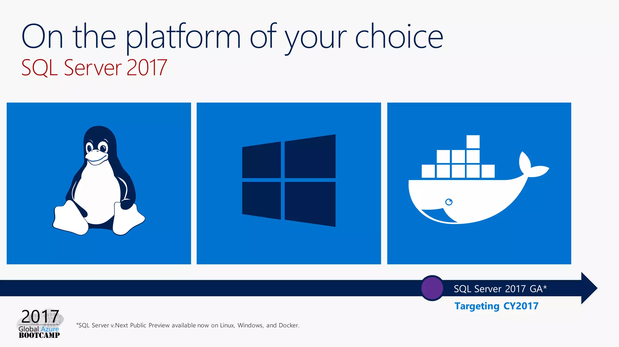 On the platform of your choice
SQL Server 2017
Targeting CY2017
SQL Server 2017 GA*
SQL Server v.Next Public Preview available now on Linux, Windows, and Docker.
 