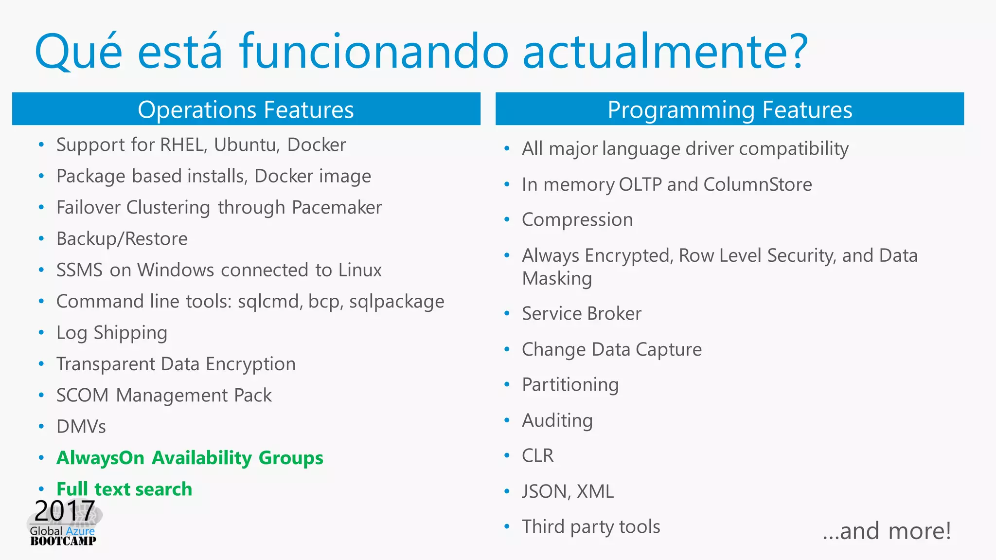 Qué está funcionando actualmente?
• Support for RHEL, Ubuntu, Docker
• Package based installs, Docker image
• Failover Clustering through Pacemaker
• Backup/Restore
• SSMS on Windows connected to Linux
• Command line tools: sqlcmd, bcp, sqlpackage
• Log Shipping
• Transparent Data Encryption
• SCOM Management Pack
• DMVs
• AlwaysOn Availability Groups
• Full text search
Operations Features Programming Features
• All major language driver compatibility
• In memory OLTP and ColumnStore
• Compression
• Always Encrypted, Row Level Security, and Data
Masking
• Service Broker
• Change Data Capture
• Partitioning
• Auditing
• CLR
• JSON, XML
• Third party tools …and more!
 