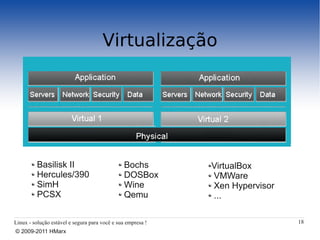 Virtualização




          Basilisk II                           Bochs        VirtualBox
          Hercules/390                          DOSBox       VMWare
          SimH                                  Wine         Xen Hypervisor
          PCSX                                  Qemu         ...

Linux - solução estável e segura para você e sua empresa !                    18
© 2009-2011 HMarx
 