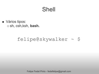 Shell
Vários tipos:
  sh, csh,ksh, bash.


      felipe@skywalker ~ $




            Felipe Fedel Pinto - fedelfelipe@gmail.com
 