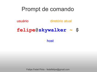 Prompt de comando
usuário                     diretório atual

felipe@skywalker ~ $

                        host




     Felipe Fedel Pinto - fedelfelipe@gmail.com
 