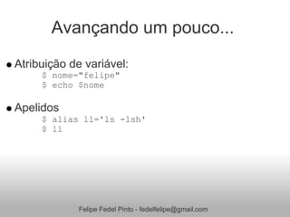 Avançando um pouco...
Atribuição de variável:
     $ nome="felipe"
     $ echo $nome

Apelidos
     $ alias ll='ls -lsh'
     $ ll




            Felipe Fedel Pinto - fedelfelipe@gmail.com
 