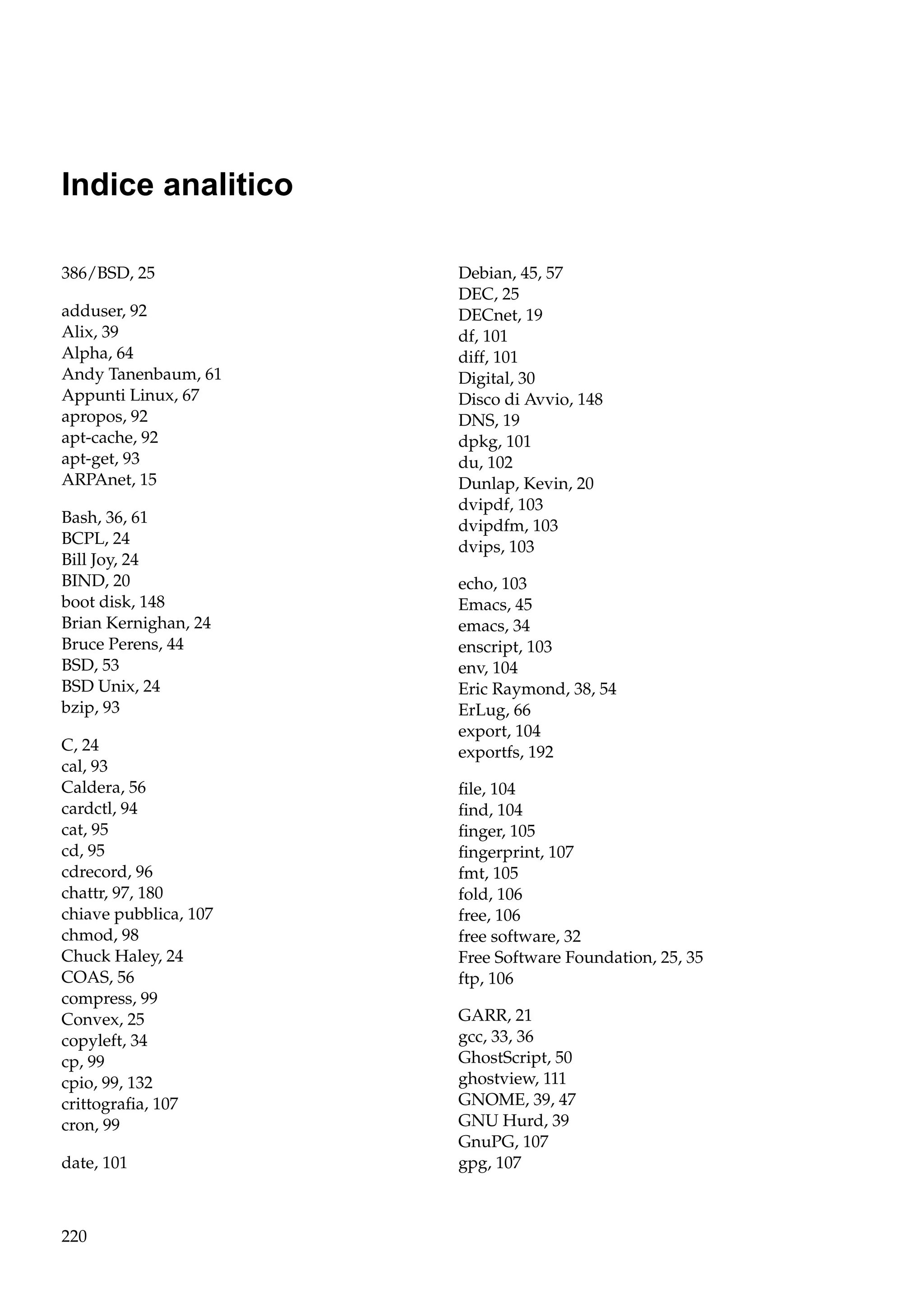 Indice analitico
386/BSD, 25
adduser, 92
Alix, 39
Alpha, 64
Andy Tanenbaum, 61
Appunti Linux, 67
apropos, 92
apt-cache, 92
apt-get, 93
ARPAnet, 15
Bash, 36, 61
BCPL, 24
Bill Joy, 24
BIND, 20
boot disk, 148
Brian Kernighan, 24
Bruce Perens, 44
BSD, 53
BSD Unix, 24
bzip, 93
C, 24
cal, 93
Caldera, 56
cardctl, 94
cat, 95
cd, 95
cdrecord, 96
chattr, 97, 180
chiave pubblica, 107
chmod, 98
Chuck Haley, 24
COAS, 56
compress, 99
Convex, 25
copyleft, 34
cp, 99
cpio, 99, 132
crittograﬁa, 107
cron, 99
date, 101

220

Debian, 45, 57
DEC, 25
DECnet, 19
df, 101
diff, 101
Digital, 30
Disco di Avvio, 148
DNS, 19
dpkg, 101
du, 102
Dunlap, Kevin, 20
dvipdf, 103
dvipdfm, 103
dvips, 103
echo, 103
Emacs, 45
emacs, 34
enscript, 103
env, 104
Eric Raymond, 38, 54
ErLug, 66
export, 104
exportfs, 192
ﬁle, 104
ﬁnd, 104
ﬁnger, 105
ﬁngerprint, 107
fmt, 105
fold, 106
free, 106
free software, 32
Free Software Foundation, 25, 35
ftp, 106
GARR, 21
gcc, 33, 36
GhostScript, 50
ghostview, 111
GNOME, 39, 47
GNU Hurd, 39
GnuPG, 107
gpg, 107

 