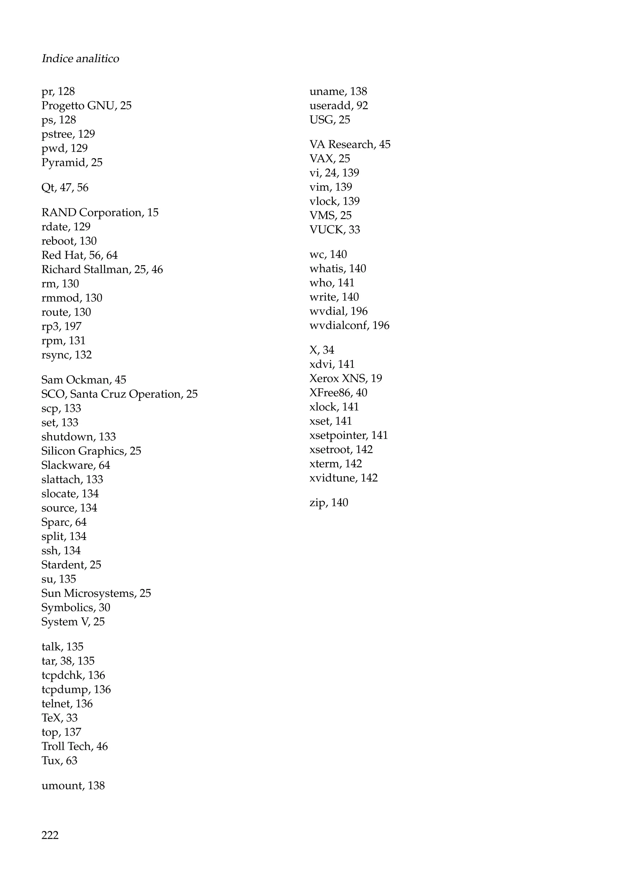 Indice analitico
pr, 128
Progetto GNU, 25
ps, 128
pstree, 129
pwd, 129
Pyramid, 25
Qt, 47, 56
RAND Corporation, 15
rdate, 129
reboot, 130
Red Hat, 56, 64
Richard Stallman, 25, 46
rm, 130
rmmod, 130
route, 130
rp3, 197
rpm, 131
rsync, 132
Sam Ockman, 45
SCO, Santa Cruz Operation, 25
scp, 133
set, 133
shutdown, 133
Silicon Graphics, 25
Slackware, 64
slattach, 133
slocate, 134
source, 134
Sparc, 64
split, 134
ssh, 134
Stardent, 25
su, 135
Sun Microsystems, 25
Symbolics, 30
System V, 25
talk, 135
tar, 38, 135
tcpdchk, 136
tcpdump, 136
telnet, 136
TeX, 33
top, 137
Troll Tech, 46
Tux, 63
umount, 138

222

uname, 138
useradd, 92
USG, 25
VA Research, 45
VAX, 25
vi, 24, 139
vim, 139
vlock, 139
VMS, 25
VUCK, 33
wc, 140
whatis, 140
who, 141
write, 140
wvdial, 196
wvdialconf, 196
X, 34
xdvi, 141
Xerox XNS, 19
XFree86, 40
xlock, 141
xset, 141
xsetpointer, 141
xsetroot, 142
xterm, 142
xvidtune, 142
zip, 140

 