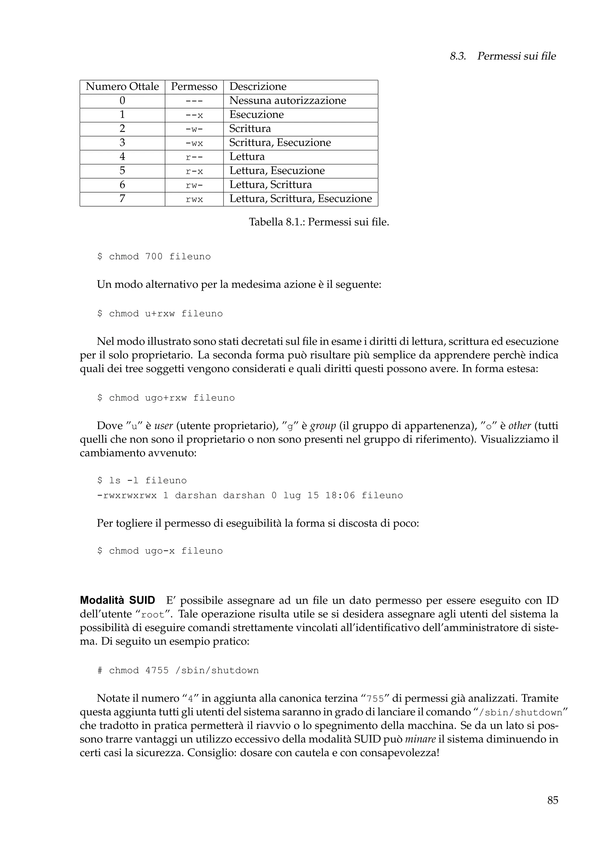 8.3. Permessi sui ﬁle
Numero Ottale
0
1
2
3
4
5
6
7

Permesso
----x
-w-wx
r-r-x
rwrwx

Descrizione
Nessuna autorizzazione
Esecuzione
Scrittura
Scrittura, Esecuzione
Lettura
Lettura, Esecuzione
Lettura, Scrittura
Lettura, Scrittura, Esecuzione
Tabella 8.1.: Permessi sui ﬁle.

$ chmod 700 fileuno

Un modo alternativo per la medesima azione è il seguente:
$ chmod u+rxw fileuno

Nel modo illustrato sono stati decretati sul ﬁle in esame i diritti di lettura, scrittura ed esecuzione
per il solo proprietario. La seconda forma può risultare più semplice da apprendere perchè indica
quali dei tree soggetti vengono considerati e quali diritti questi possono avere. In forma estesa:
$ chmod ugo+rxw fileuno

Dove ”u” è user (utente proprietario), ”g” è group (il gruppo di appartenenza), ”o” è other (tutti
quelli che non sono il proprietario o non sono presenti nel gruppo di riferimento). Visualizziamo il
cambiamento avvenuto:
$ ls -l fileuno
-rwxrwxrwx 1 darshan darshan 0 lug 15 18:06 fileuno

Per togliere il permesso di eseguibilità la forma si discosta di poco:
$ chmod ugo-x fileuno

Modalità SUID E’ possibile assegnare ad un ﬁle un dato permesso per essere eseguito con ID
dell’utente “root”. Tale operazione risulta utile se si desidera assegnare agli utenti del sistema la
possibilità di eseguire comandi strettamente vincolati all’identiﬁcativo dell’amministratore di sistema. Di seguito un esempio pratico:
# chmod 4755 /sbin/shutdown

Notate il numero “4” in aggiunta alla canonica terzina “755” di permessi già analizzati. Tramite
questa aggiunta tutti gli utenti del sistema saranno in grado di lanciare il comando “/sbin/shutdown”
che tradotto in pratica permetterà il riavvio o lo spegnimento della macchina. Se da un lato si possono trarre vantaggi un utilizzo eccessivo della modalità SUID può minare il sistema diminuendo in
certi casi la sicurezza. Consiglio: dosare con cautela e con consapevolezza!

85

 